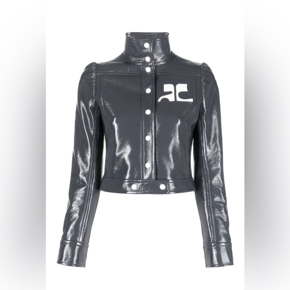 Cropped High-Shine Black Faux Leather Jacket with Logo Detail